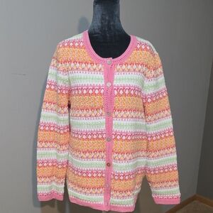 Appleseed's Multicolor Fair Isle Stripe Cardigan Pink Orange Green Button Front